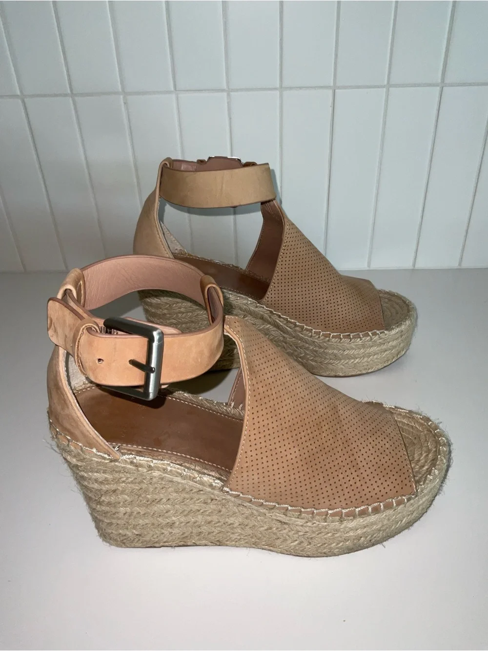 Marc Fisher Tan Perforated Espadrille Wedge Sandals with Ankle Strap